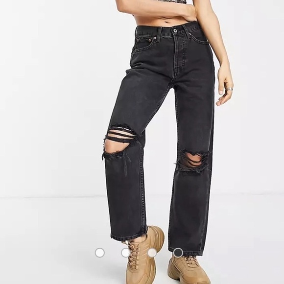 Topshop Denim - TOPSHOP Women’s Distressed Knee Dad Jeans in Washed Black, Size 34